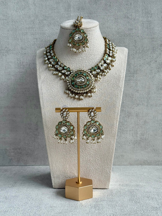 Ayura Designs Warda Set with Earrings & Tikka – Pistachio Green Ovals, Mirror-Cut Stones & Ivory Pearls