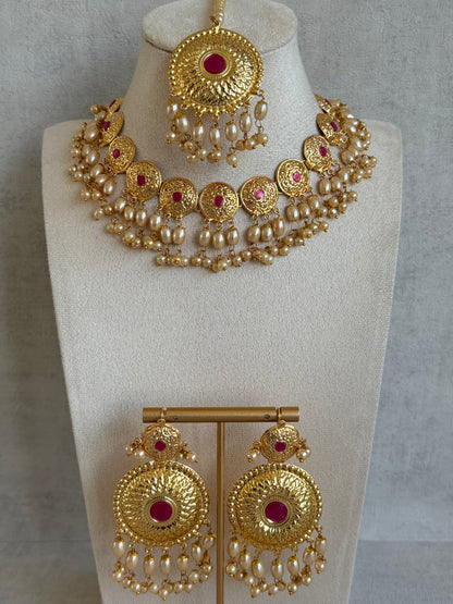 Ayura Designs Jyoti Set with Earrings & Tikka – Gold Disc Necklace with Ruby Pink & Pearl Detailing