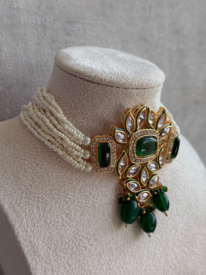 Ayura Designs Raaz Set with Necklace & Earrings – Emerald Green Stones, Kundan Detailing & Antique Gold Finish