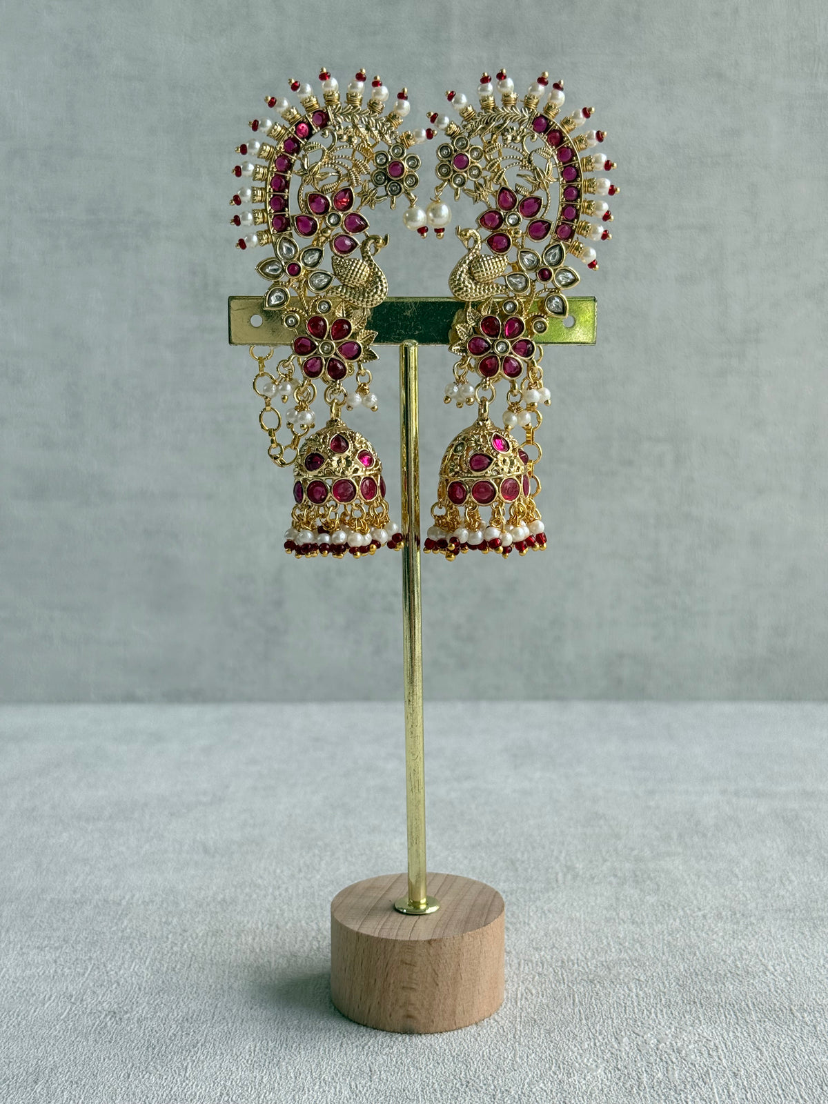 Ayura Designs Nitya Kaanphool Jhumkis – Gold Peacock Motifs, Pink Kundan & Pearl Drops with Attached Sahare