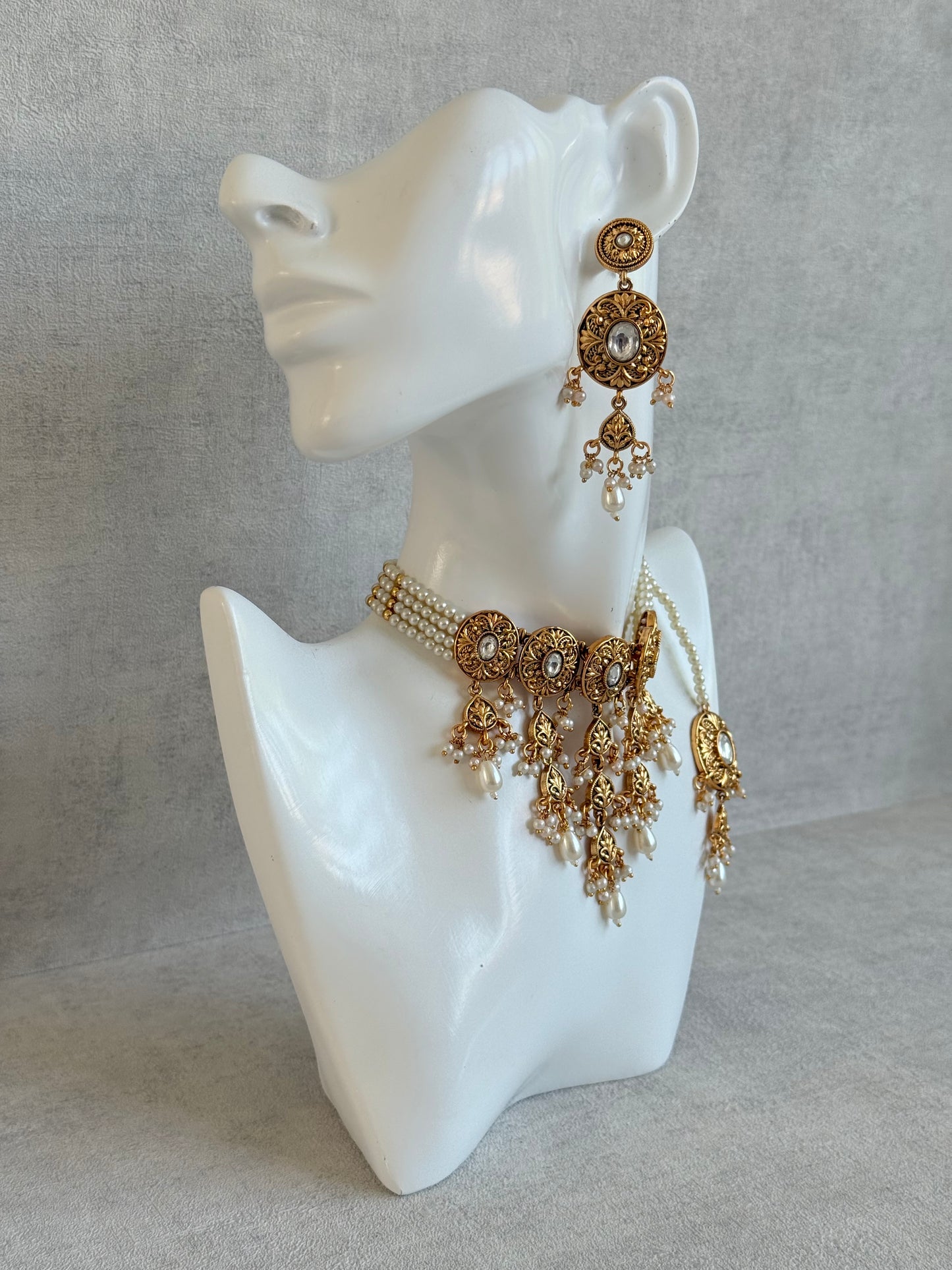 Ayura Designs Mohak Choker Set with Earrings & Tikka – Gold Waterfall Design with Kundan & Pearl Drops