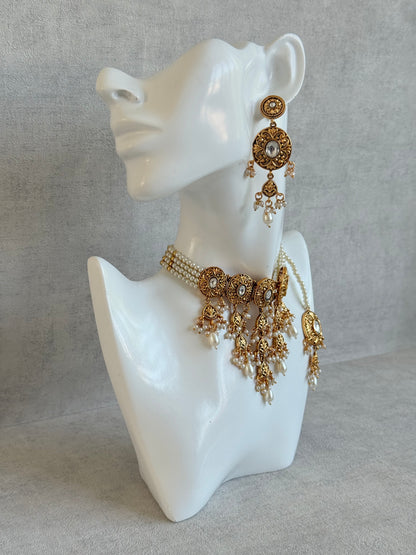 Ayura Designs Mohak Choker Set with Earrings & Tikka – Gold Waterfall Design with Kundan & Pearl Drops