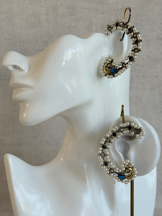 Ayura Designs Nupur Earrings – Pearl Ear Climbers with Sapphire Blue Stones & Pearl Detailing