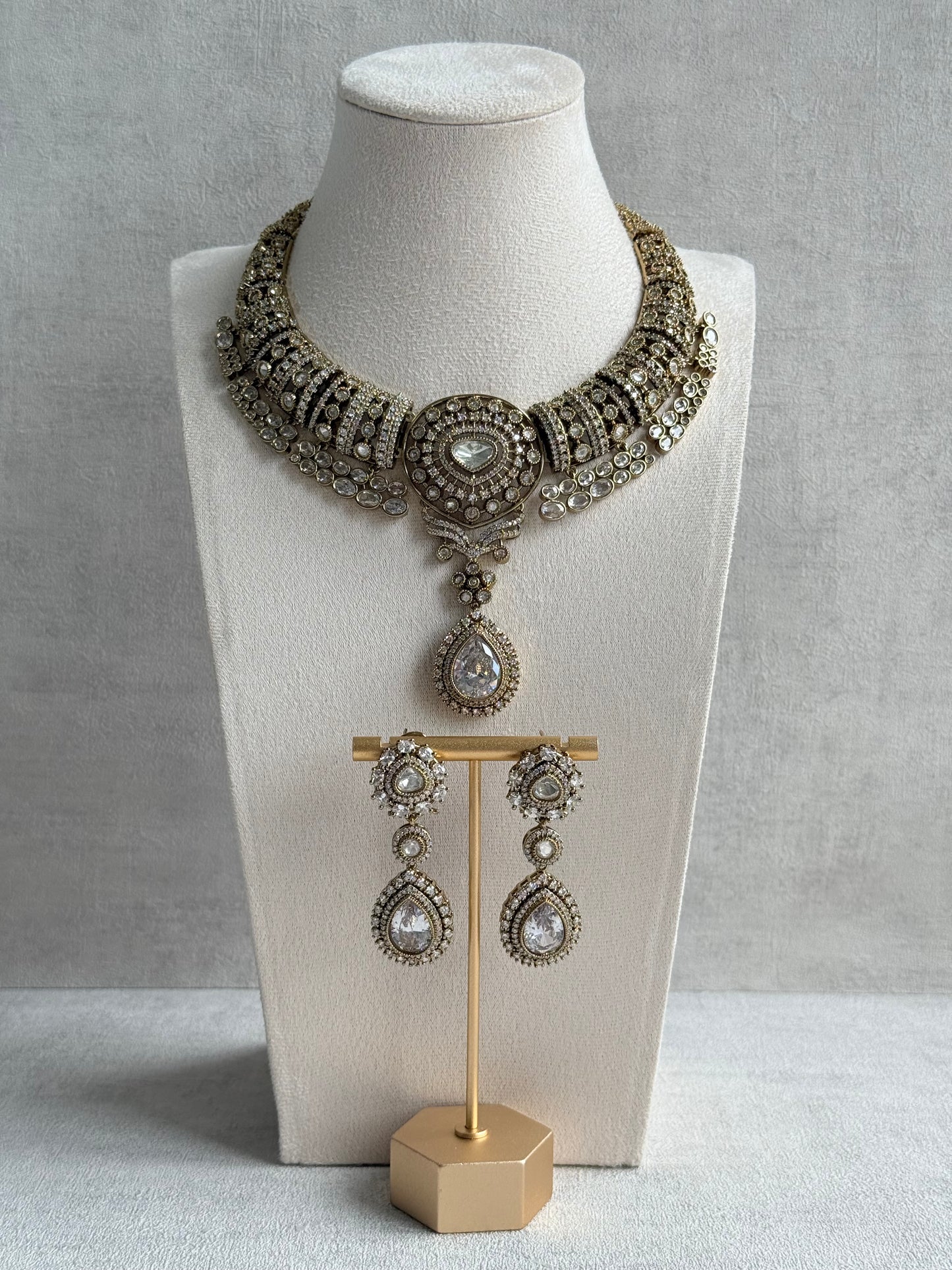 Ayura Designs Ahana Necklace Set with Earrings – Crystal Teardrop Stones & Moissanite Detailing