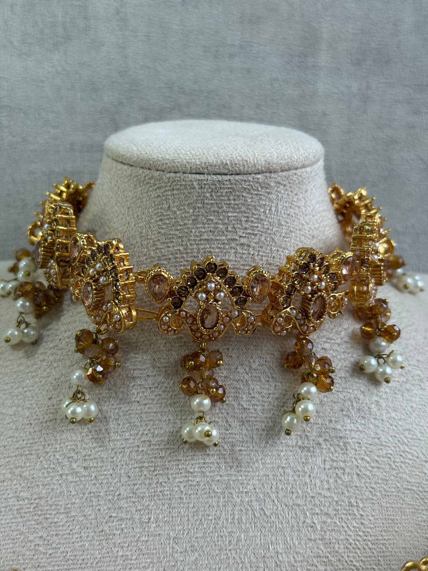 Ayura Designs Noor Set – Choker, Jhumkis with Sahare & Tikka in Champagne Gold with Pearl Detailing
