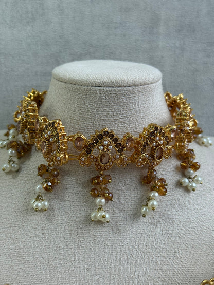 Ayura Designs Noor Set – Choker, Jhumkis with Sahare & Tikka in Champagne Gold with Pearl Detailing