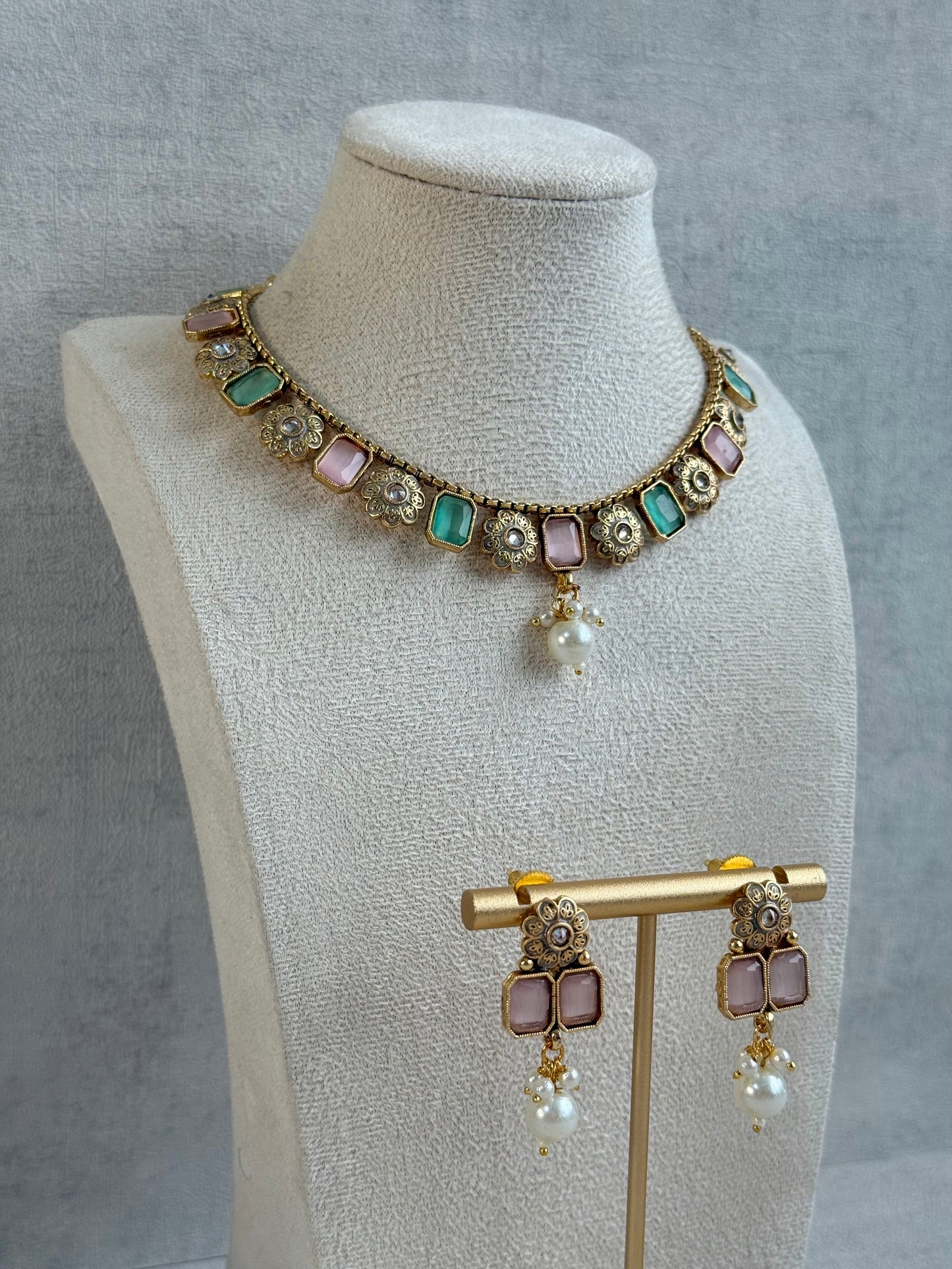 Ayura Designs Padma Necklace Set with Earrings – Blush Pink & Mint Green Stones with Pearl Drop Detailing