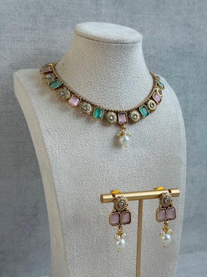Ayura Designs Padma Necklace Set with Earrings – Blush Pink & Mint Green Stones with Pearl Drop Detailing