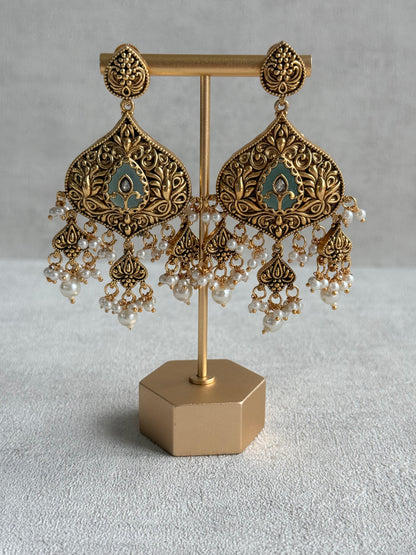 Ayura Designs Afia Necklace Set with Earrings & Tikka – Antique Gold, Ivory Pearls, Green Centre Stone & Peacock Motifs