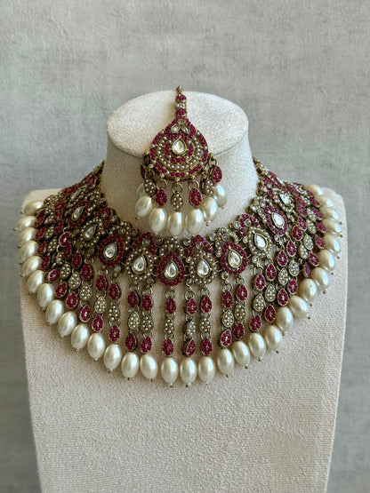 Ayura Designs Riwaayat Set with Necklace, Earrings, Tikka & Passa – Fuchsia Stones, Mirror-Cut Detailing & Ivory Pearl Drops
