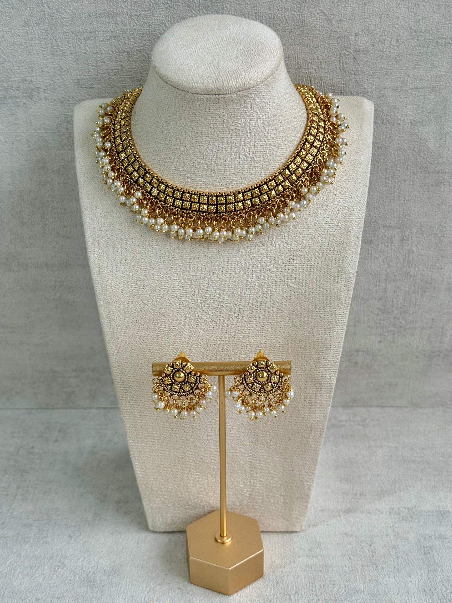 Ayura Designs Ranya Set – Antique Gold Necklace with Stud Earrings & Pearl Detailing