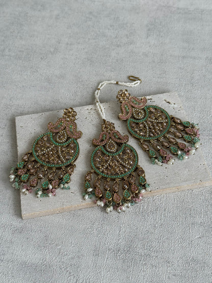 Ayura Designs Anvi Tikka Set with Earrings – Blush Pink & Mint Green with Champagne Stones & Pearl Drops
