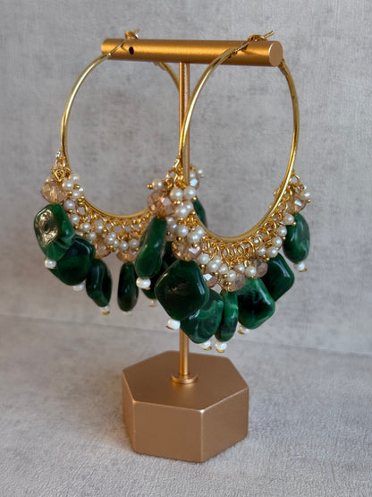 Ayura Designs Heer Balis – Gold Hoops with Forest Green Marble Beads, Pearls & Crystal Detailing