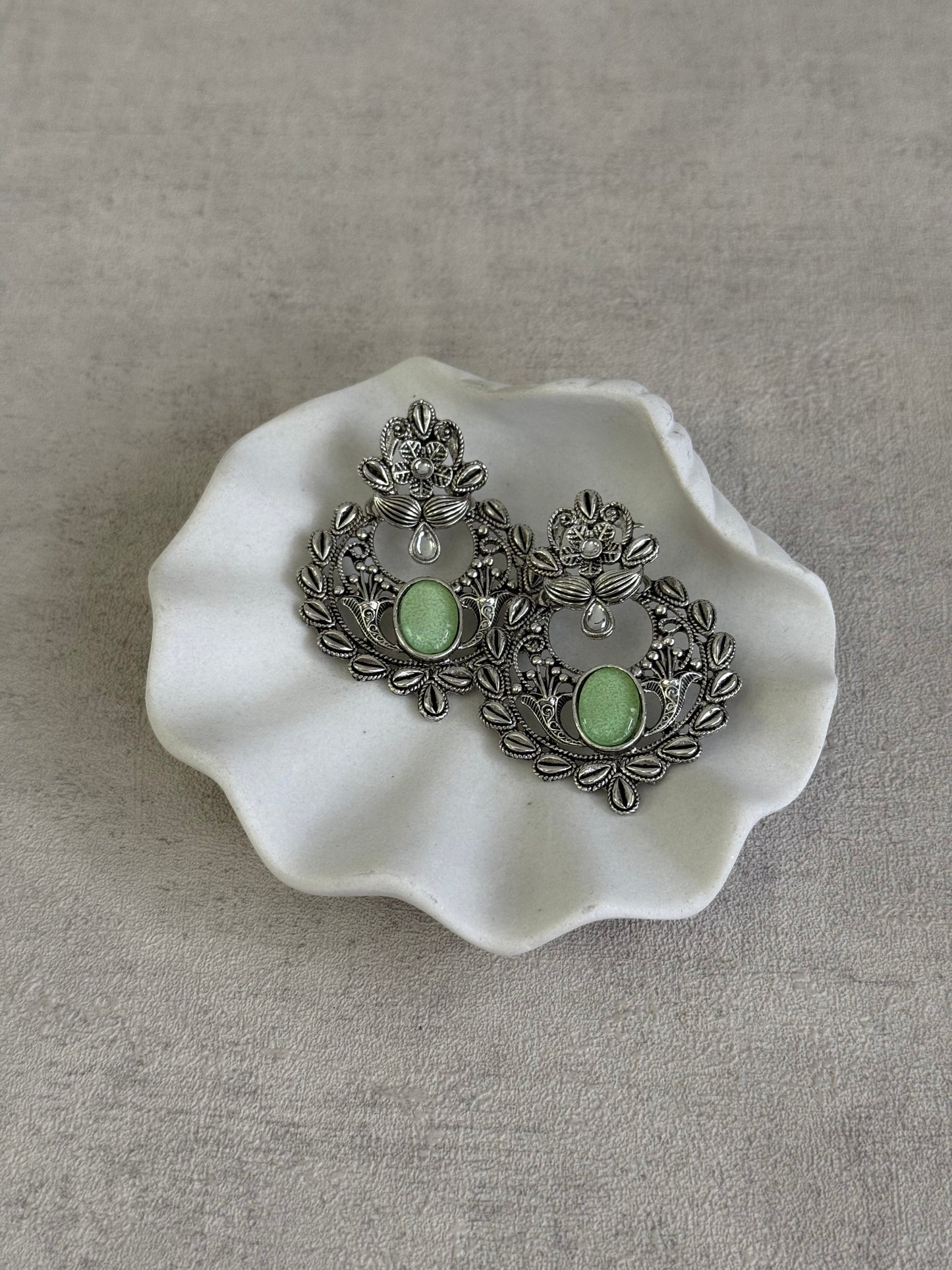 Ayura Designs Eila Earrings with Pistachio Green Stone in Antique Silver Finish
