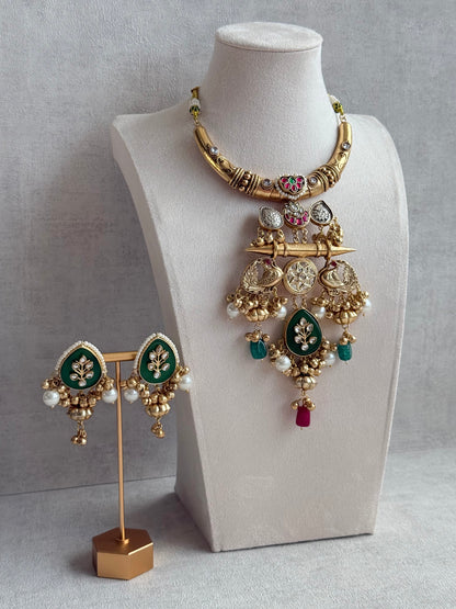 Ayura Designs Zaqsh Collar Necklace Set with Earrings – Antique Gold Peacock Pendant with Emerald Green Stones & Pearl Detailing