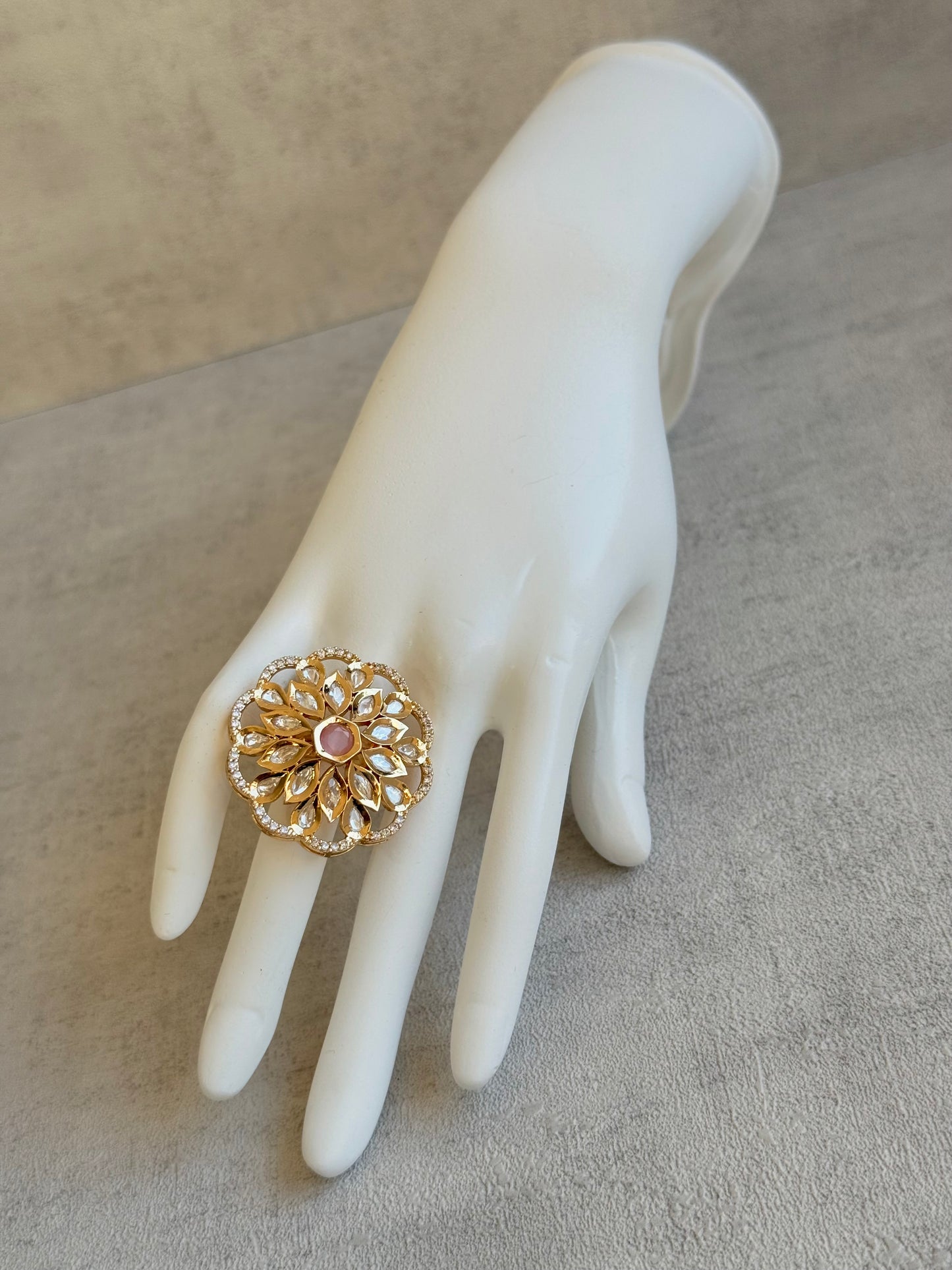 Ayura Designs Elisa Adjustable Ring – Moissanite Floral Ring with Blush Pink Centre & Crystal Border