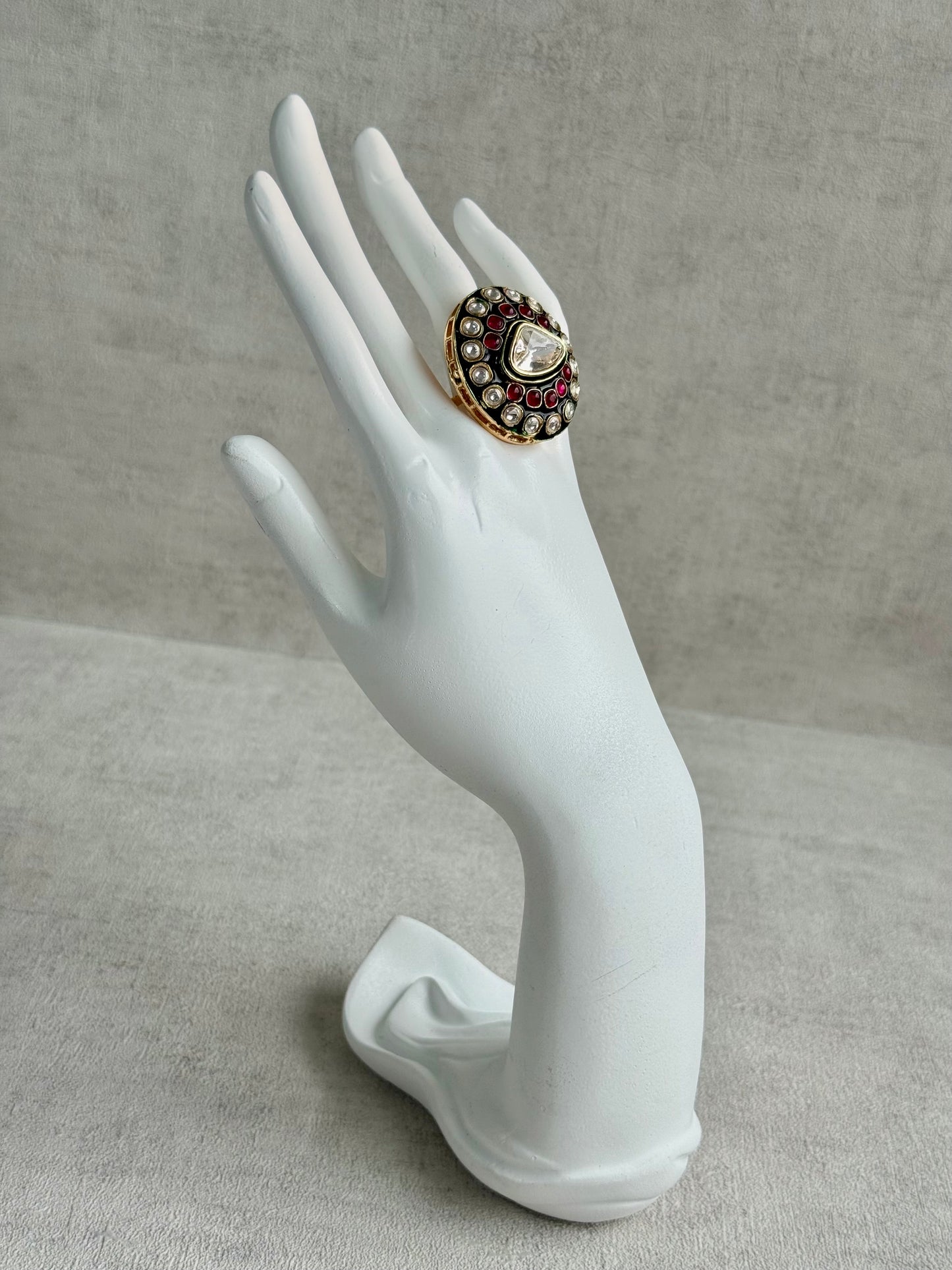 Ayura Designs Firdos Adjustable Ring – Mirror-Cut Stone Statement Ring with Green Enamel & Ruby Pink Detailing