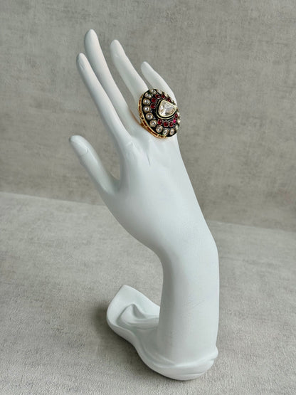 Ayura Designs Firdos Adjustable Ring – Mirror-Cut Stone Statement Ring with Green Enamel & Ruby Pink Detailing
