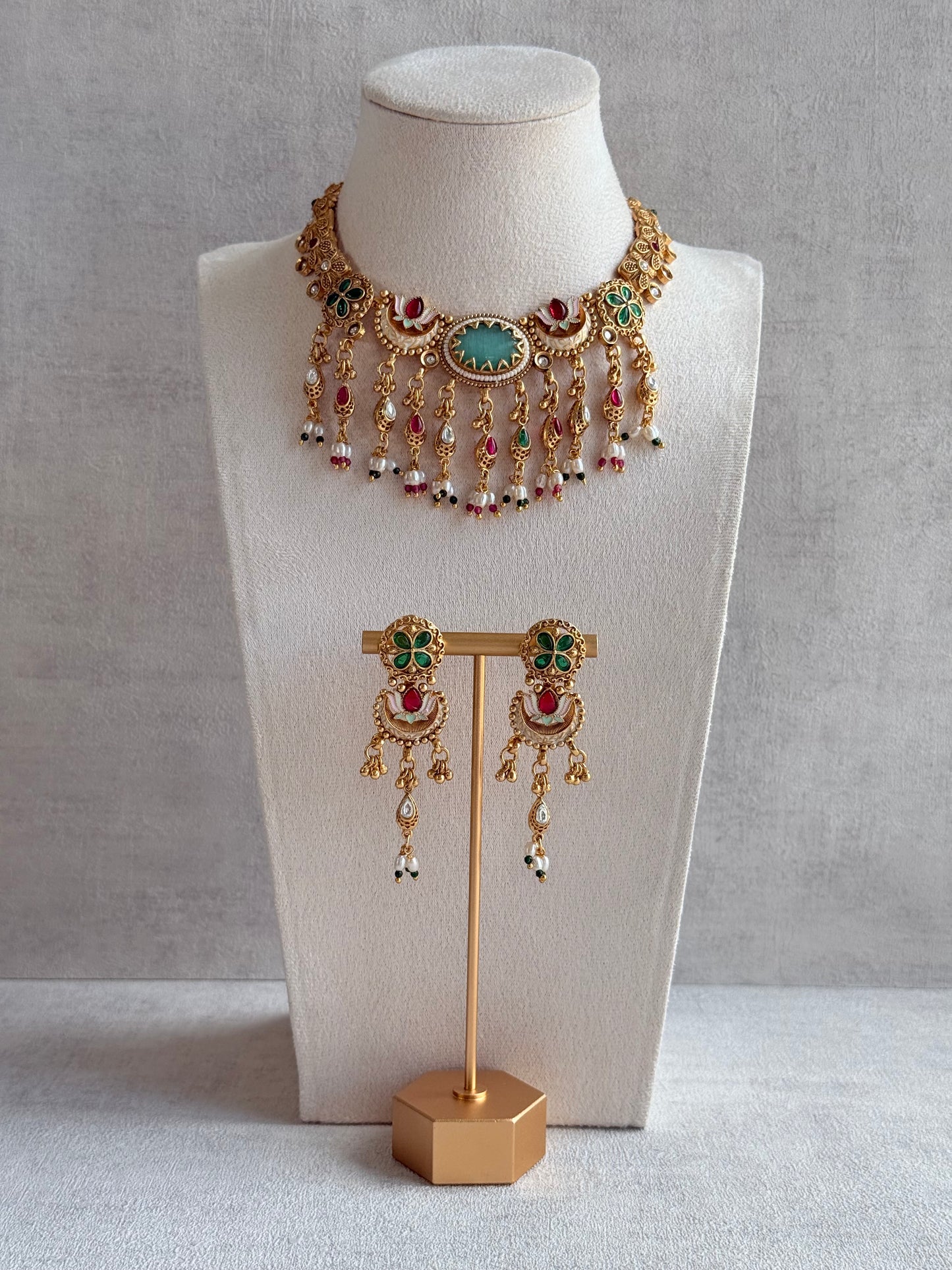 Ayura Designs Aavya Necklace Set – Aqua Green & Rani Pink Kundan Meenakari Design