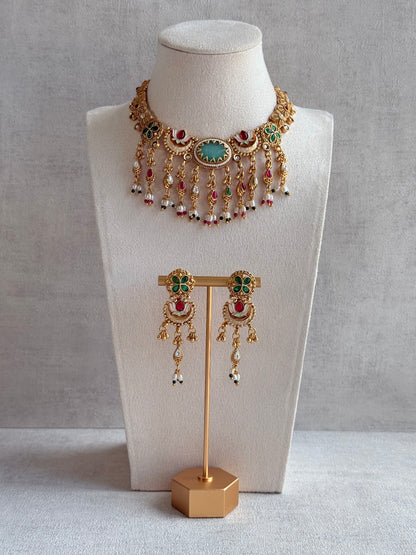 Ayura Designs Aavya Necklace Set – Aqua Green & Rani Pink Kundan Meenakari Design