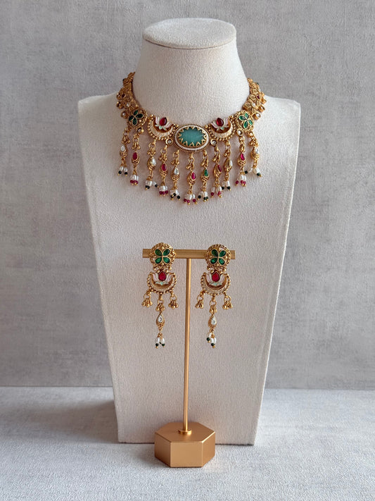 Ayura Designs Aavya Necklace Set – Aqua Green & Rani Pink Kundan Meenakari Design