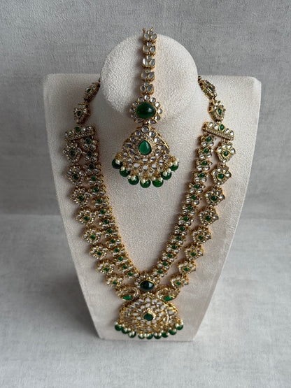 Ayura Designs Javeria Set with Earrings & Tikka – Emerald Green Stones, Mirror Kundan & Gold Finish