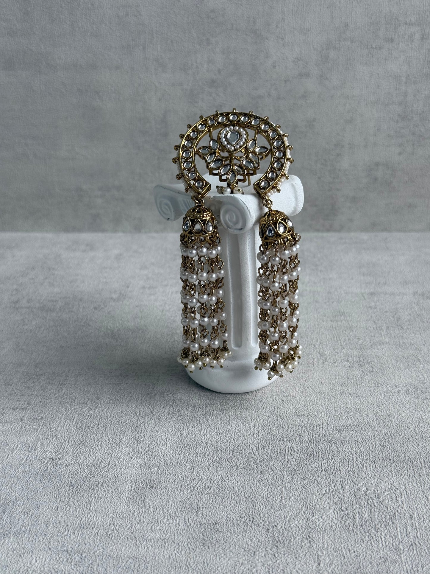 Ayura Designs Kamya Hair Brooch – Crescent Polki Design with Pearl Tassels & Antique Gold Finish