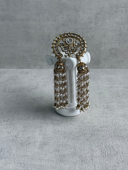 Ayura Designs Kamya Hair Brooch – Crescent Polki Design with Pearl Tassels & Antique Gold Finish