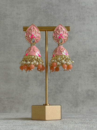 Ayura Designs Gia Jhumkis – Blush Pink Meenakari with Pink Lotus Motifs & Ivory Pearl Drops