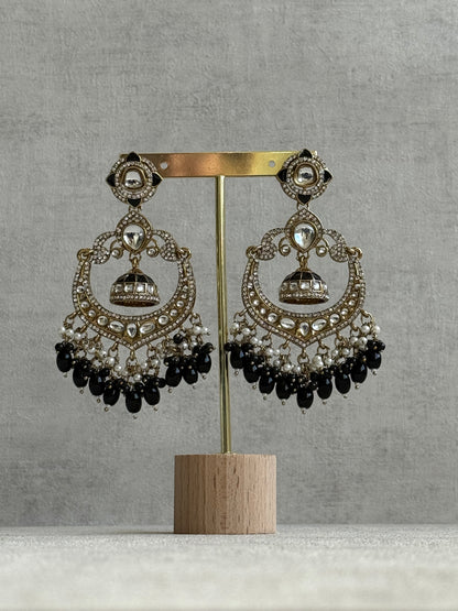 Ayura Designs Reha Earrings – Statement Chandbalis with Black Beads, Pearls & Mirror-Cut Stones