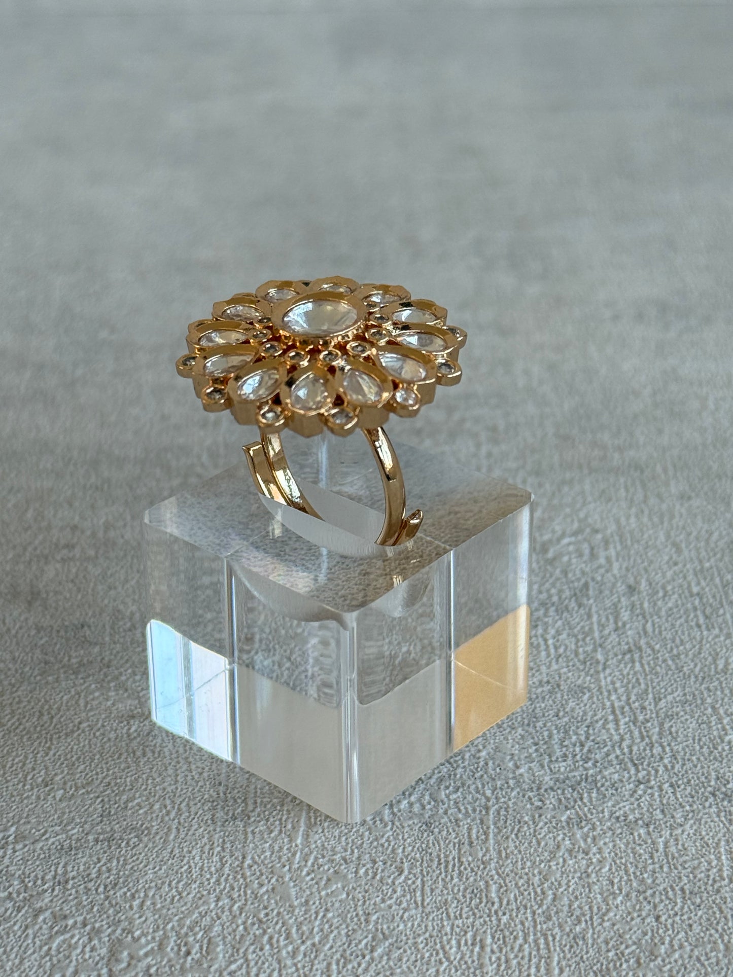 Ayura Designs Luisa Adjustable Ring – Crystal Centre Stone with Crystal Petal Detailing