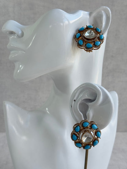 Ayura Designs Giana Stud Earrings – Turquoise Blue & Crystal Kundan with Gold Finish