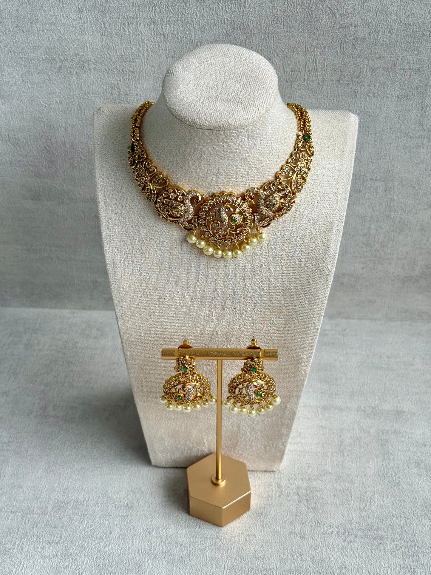 Ayura Designs Vedya Set – Antique Gold Peacock Necklace with Kundan, Emerald & Pearl Detailing