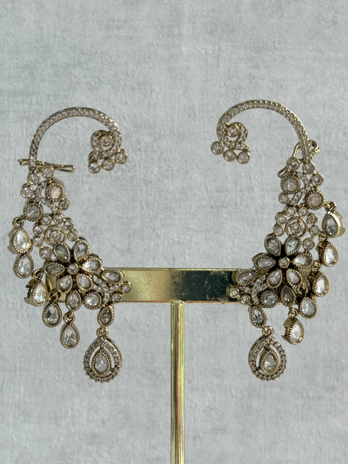 Ayura Designs Aksara Kaanphool Earrings – Kundan, Crystals & Antique Gold Finish