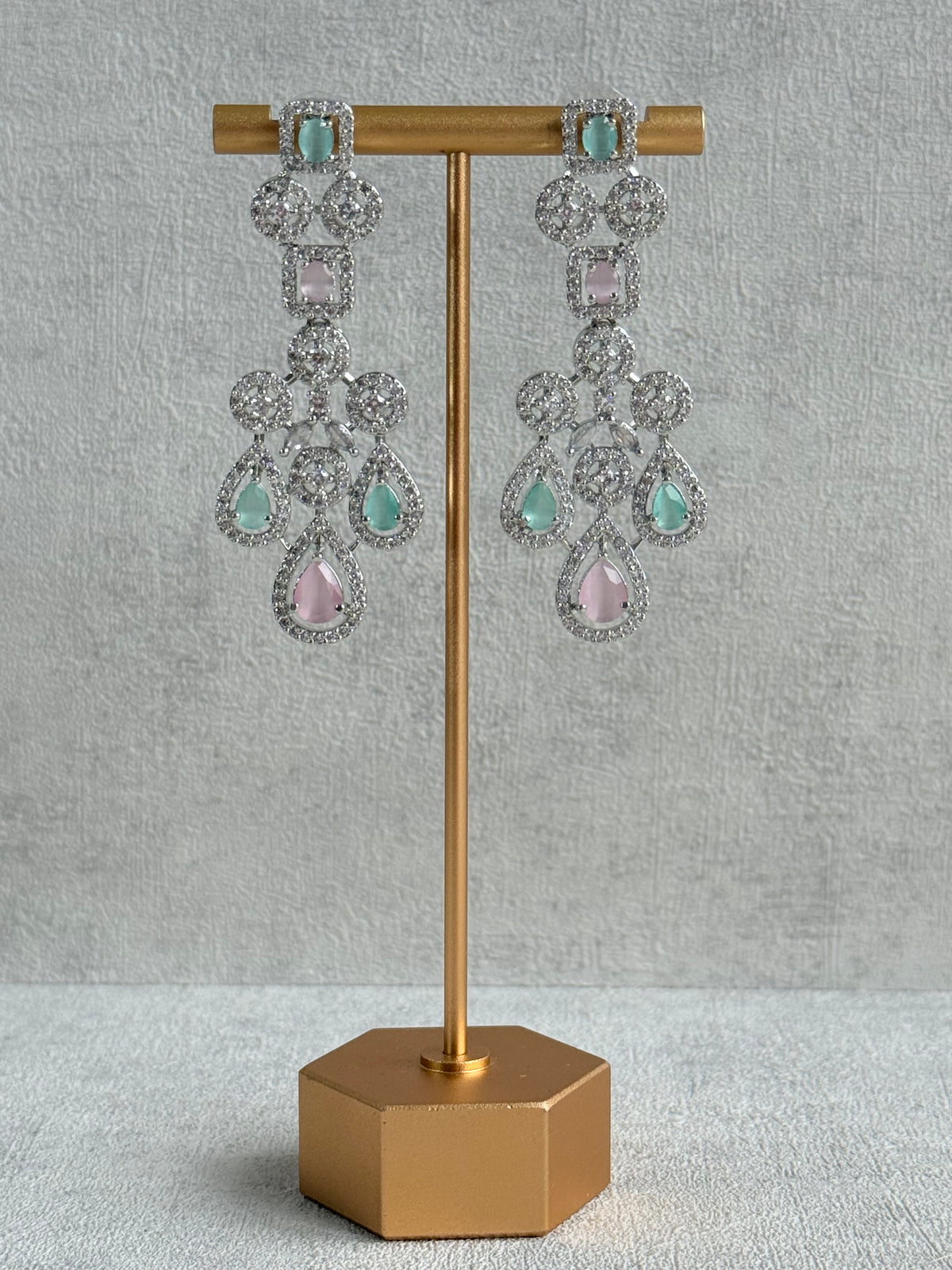 Ayura Designs Skye Necklace Set with Earrings – Blush Pink & Mint Green Stones with Crystal Detailing in Silver Finish