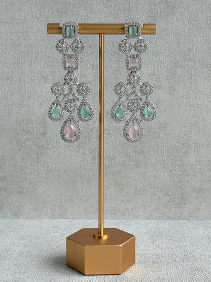 Ayura Designs Skye Necklace Set with Earrings – Blush Pink & Mint Green Stones with Crystal Detailing in Silver Finish