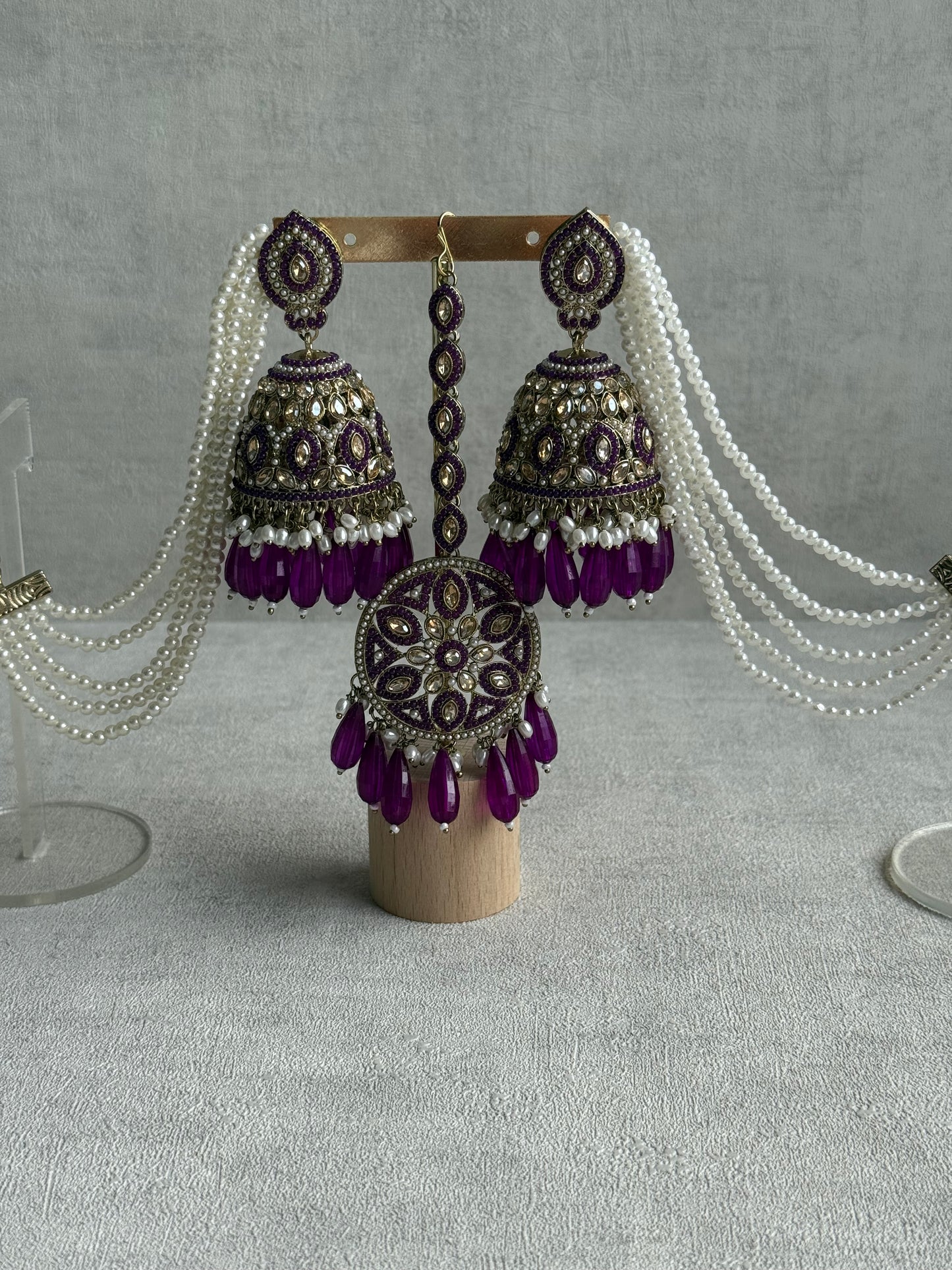 Ayura Designs Amrita Set – Jhumkis with Sahare & Tikka in Berry Purple, Pearls and Antique Gold Finish