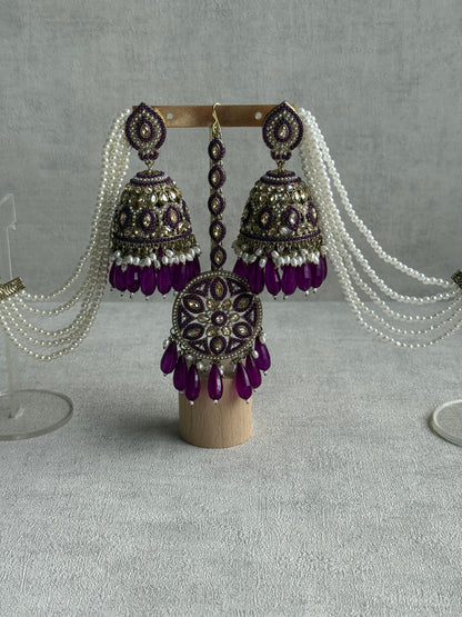 Ayura Designs Amrita Set – Jhumkis with Sahare & Tikka in Berry Purple, Pearls and Antique Gold Finish