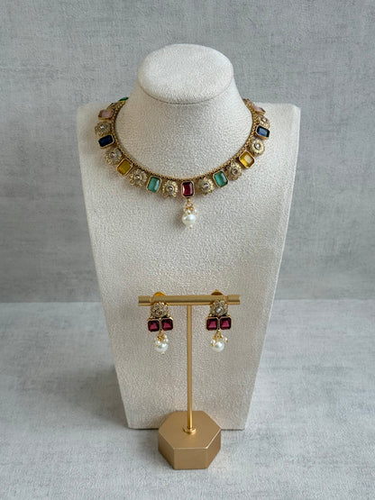 Ayura Designs Padma Necklace Set with Earrings – Multicolour Stones with Pearl Drop Detailing