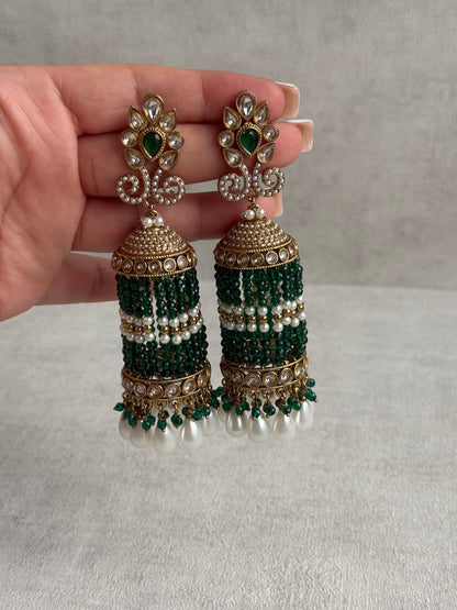 Ayura Designs Sage Earrings – Statement Jhumkis with Mirror-Cut Stones, Pearl Drops & Emerald Green Beads