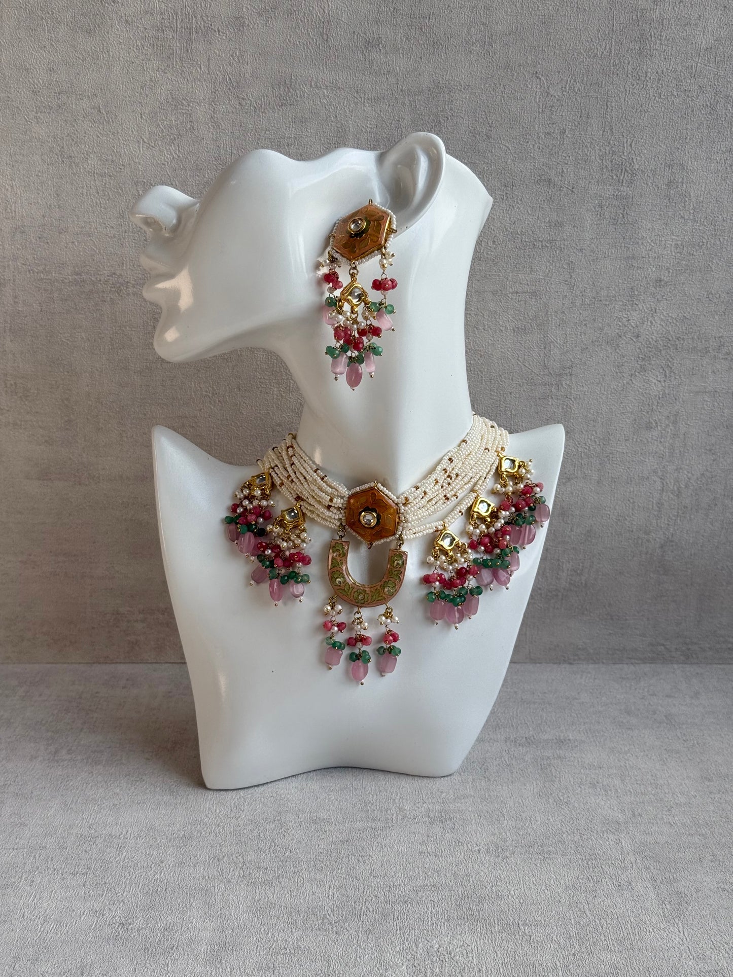 Ayura Designs Elizaar Meenakari Kundan Choker Set with Earrings – Blush Pink & Emerald Green Bead Detailing
