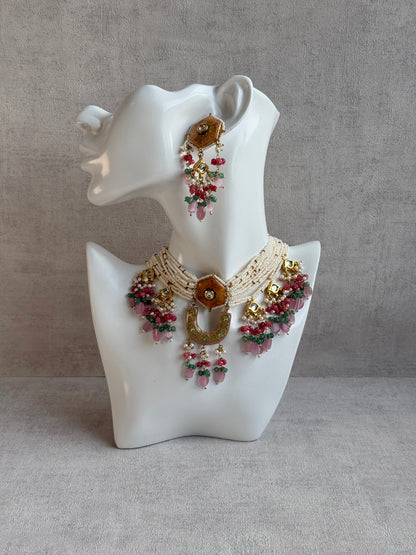 Ayura Designs Elizaar Meenakari Kundan Choker Set with Earrings – Blush Pink & Emerald Green Bead Detailing