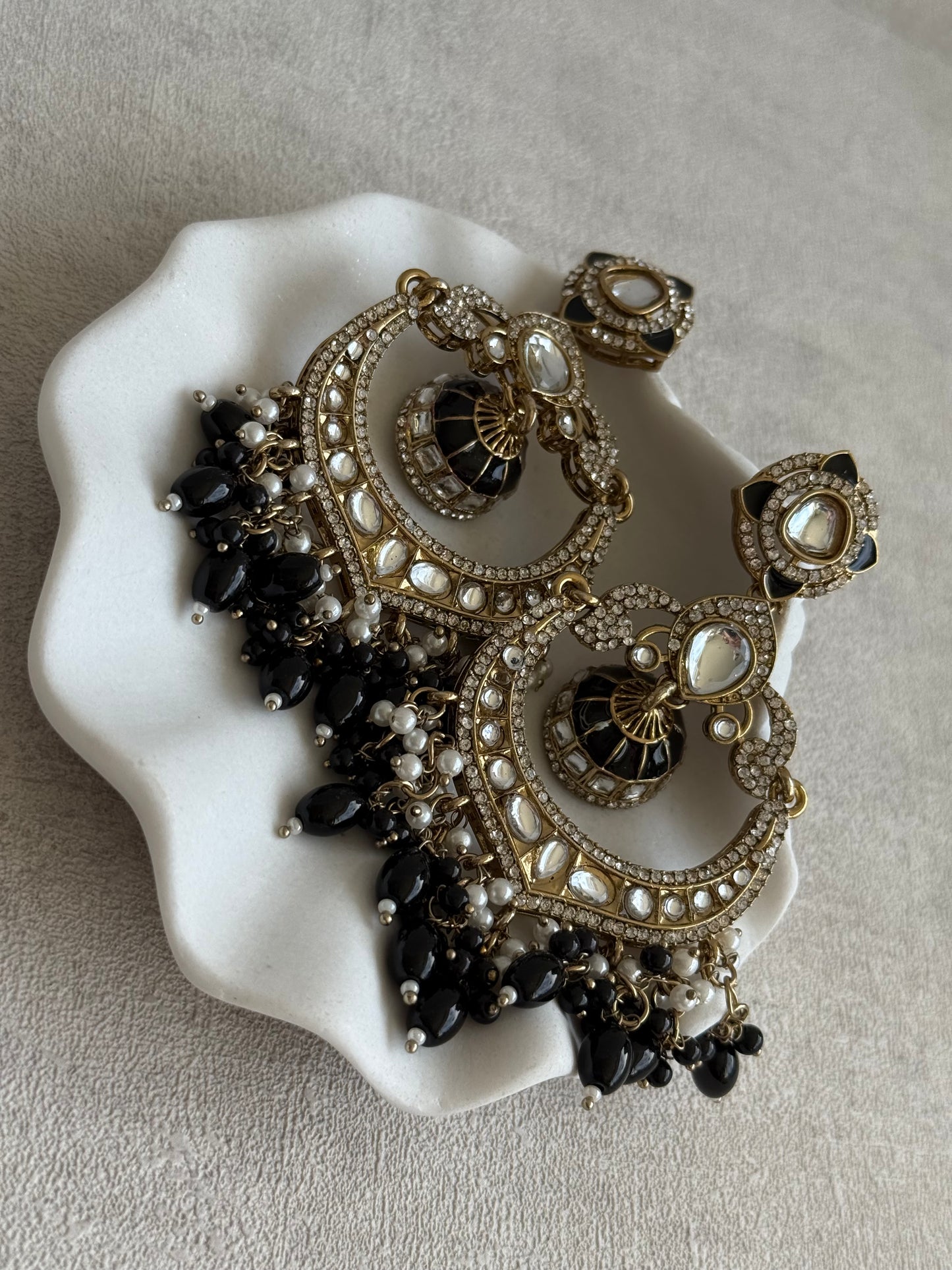 Ayura Designs Reha Earrings – Statement Chandbalis with Black Beads, Pearls & Mirror-Cut Stones