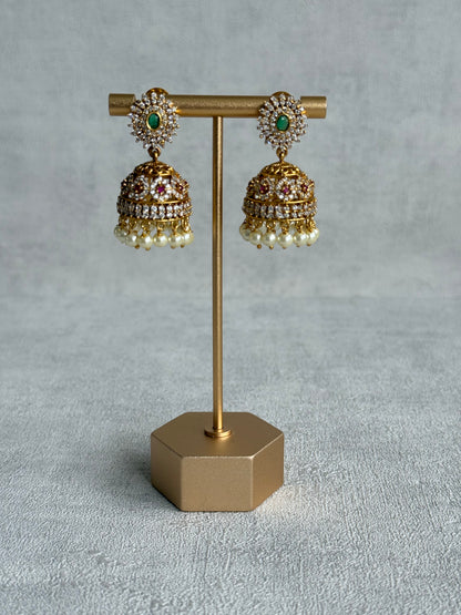 Ayura Designs Ela Jhumkis – Emerald Green Studs with Crystal Floral Jhumkis & Pearl Drops