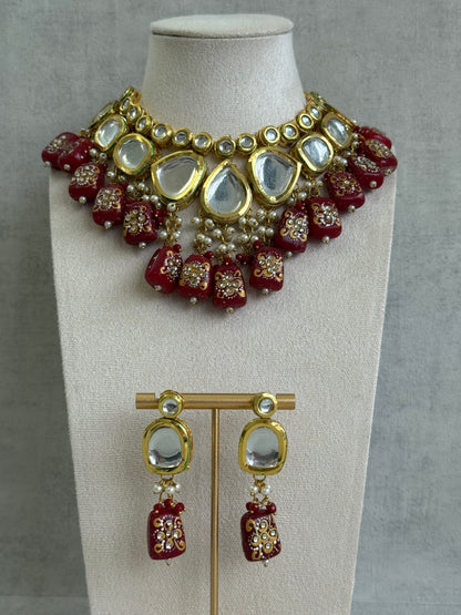 Ayura Designs Omika Set With Necklace And Earrings – Kundan Stones And Ruby Red Meenakari Drops