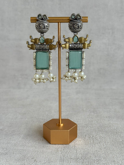 Ayura Designs Khaak Earrings – Oxidised Statement Earrings with Peacock Motifs, Aqua Green Stones & Pearl Clusters