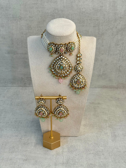 Ayura Designs Tehreem Set with Necklace, Earrings & Tikka – Mirror-Cut Stones, Mint Green & Pink Beads & Antique Gold Finish