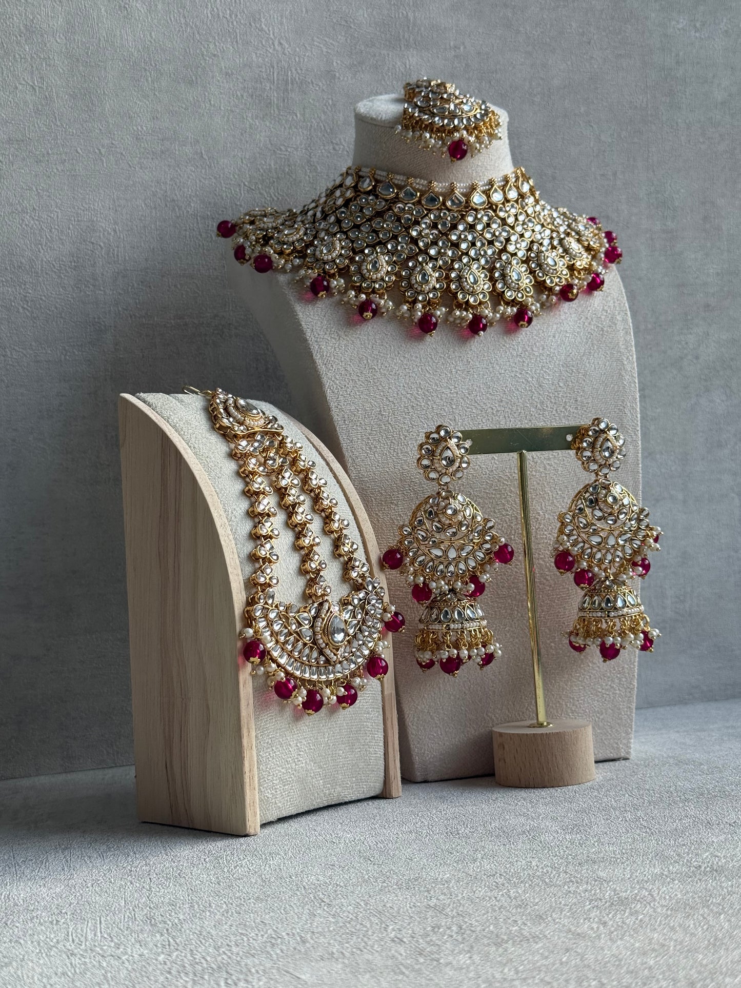 Ayura Designs Suhag Set – Bridal Necklace, Jhumkis & Tikka with Pink Beads, Pearl Detailing & Gold-Finish Kundan
