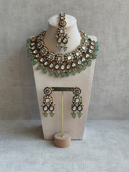 Ayura Designs Salma Set – Necklace, Earrings & Tikka with Mirror-Cut Kundan, Mint Green Beads, Emerald Green Meenakari & Gold Finish