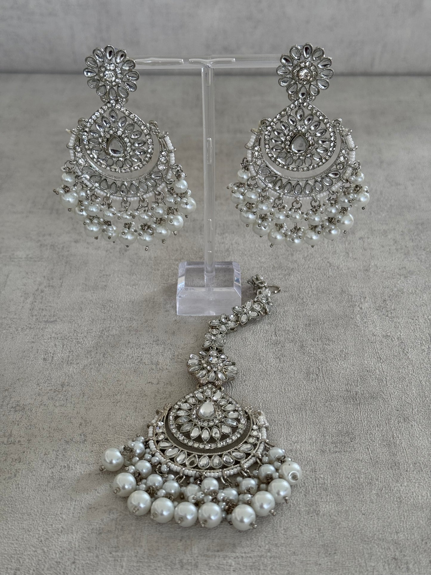 Ayura Designs Seher Tikka & Earrings Set – Radiant Silver with Luminous White Pearls